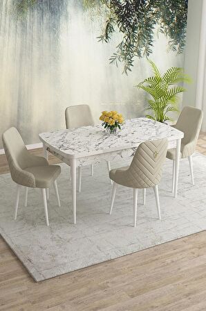 Rovena Blanca Beyaz Mermer 80x132 Açılabilir Mdf Yemek Odası Takımı 4 Adet Sandalye