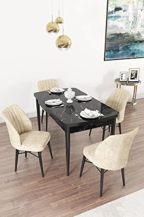 Rovena Mary Siyah Mermer 70x114 Açılabilir Mdf Yemek Odası Takımı 4 Adet Sandalye