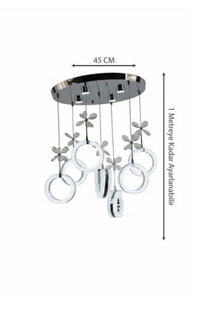 Krom Çemberli Seri 7li Işıltılı Halka Formlu Kristal Kelebekli Modern Sarkıt
