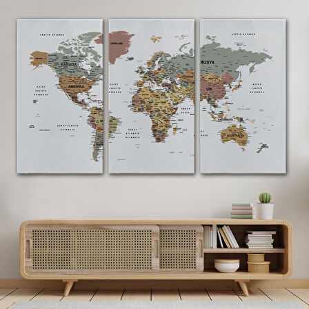 Harita Sepeti Türkçe Detaylı Dünya Haritası Dekoratif Renkli Zeminli Kanvas Tablo 1701