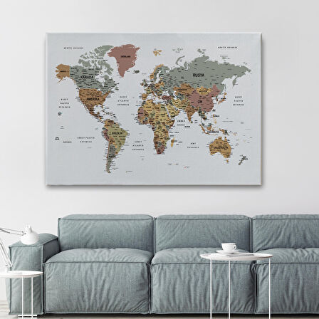 Harita Sepeti Türkçe Detaylı Dünya Haritası Dekoratif Renkli Zeminli Kanvas Tablo 1701