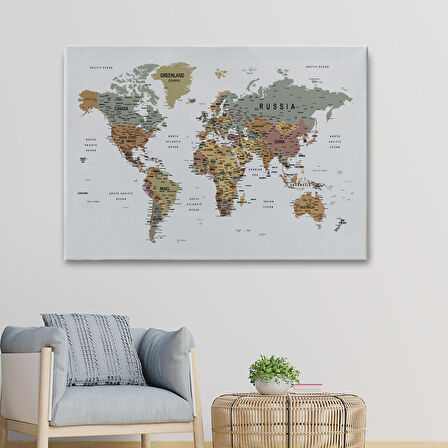 Harita Sepeti Detaylı Dünya Haritası Dekoratif Renkli Zeminli Kanvas Tablo 1702