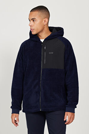 Erkek Lacivert Oversize Bol Kesim Kapüşonlu Sherpa Polar Sweatshirt Ceket
