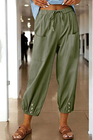 Keten Günlük Pantolon Beli Lastikli Bağcıklı