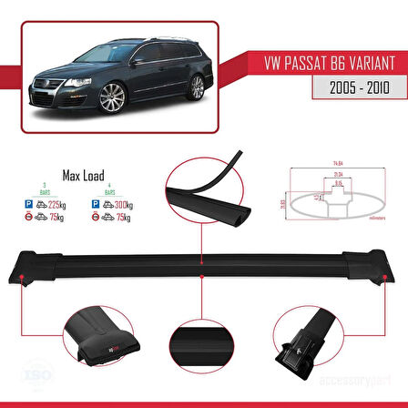 Volkswagen Passat B6 (3C) Variant 2005-2010 Arası ile Uyumlu FLY Model Ara Atkı Tavan Barı Siyah 3 Adet