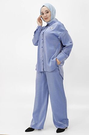 CYLN24205 PAMUKLU SATEN KUMAŞ YANI TAŞLI VE BROŞLU İKİLİ TAKIM