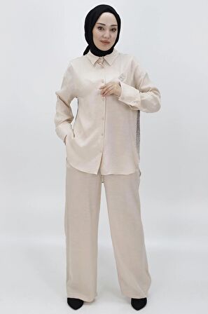 CYLN24205 PAMUKLU SATEN KUMAŞ YANI TAŞLI VE BROŞLU İKİLİ TAKIM