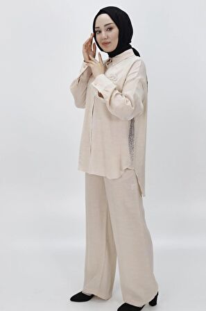 CYLN24205 PAMUKLU SATEN KUMAŞ YANI TAŞLI VE BROŞLU İKİLİ TAKIM