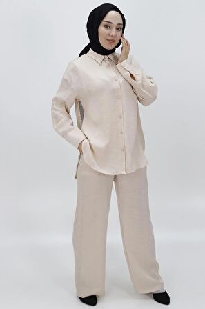 CYLN24205 PAMUKLU SATEN KUMAŞ YANI TAŞLI VE BROŞLU İKİLİ TAKIM