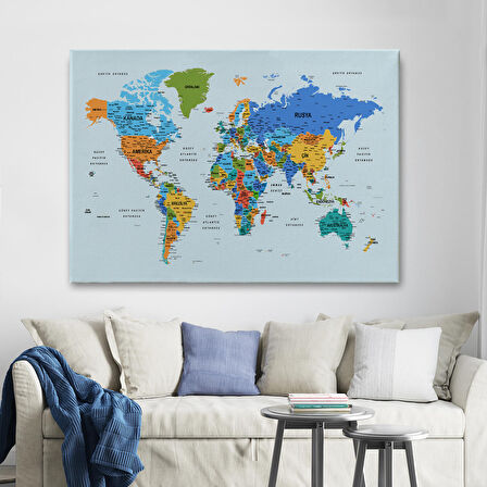 Harita Sepeti Türkçe Detaylı Dünya Haritası Dekoratif Renkli Zeminli Kanvas Tablo 1707