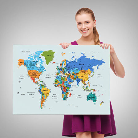 Harita Sepeti Türkçe Detaylı Dünya Haritası Dekoratif Renkli Zeminli Kanvas Tablo 1707