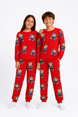 Unisex Kırmızı Renk Ayıcık Desenli Uzun Kollu Pijama Takımı 