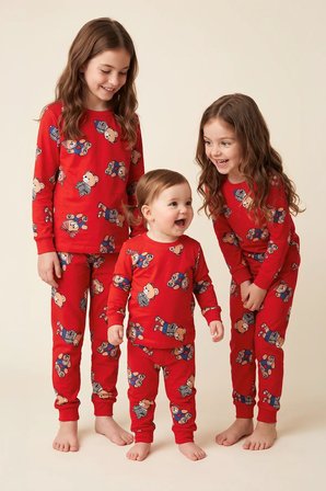 Unisex Kırmızı Renk Ayıcık Desenli Uzun Kollu Pijama Takımı 