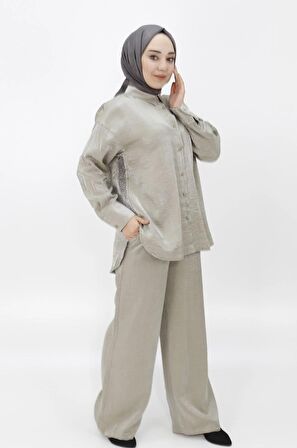 CYLN24205 PAMUKLU SATEN KUMAŞ YANI TAŞLI VE BROŞLU İKİLİ TAKIM