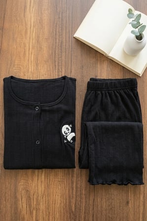 Kadın Ayıcık Desenli Bambu Viskon Kısa Kollu Yumuşak Soft Örme Pijama Takımı