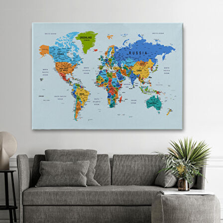 Harita Sepeti Detaylı Dünya Haritası Dekoratif Renkli Zeminli Kanvas Tablo 1708