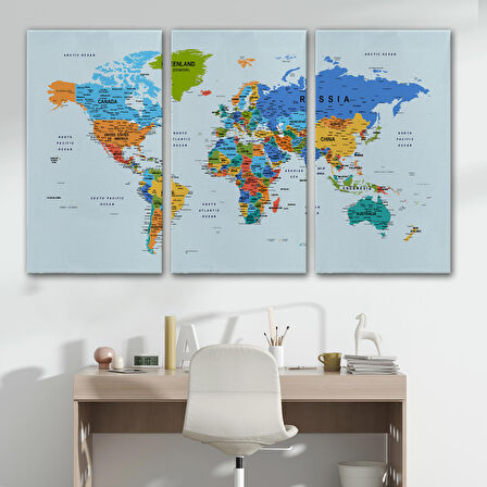 Harita Sepeti Detaylı Dünya Haritası Dekoratif Renkli Zeminli Kanvas Tablo 1708