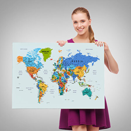 Harita Sepeti Detaylı Dünya Haritası Dekoratif Renkli Zeminli Kanvas Tablo 1708