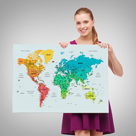 Harita Sepeti Türkçe Detaylı Dünya Haritası Dekoratif Renkli Zeminli Kanvas Tablo 1709