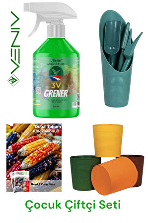 3V Grener Bitki Besini 500 ml + 1 Adet 9.8L Saksı + 4’lü Fide Ekim Seti + 15 Renkli Mısır Tohumu