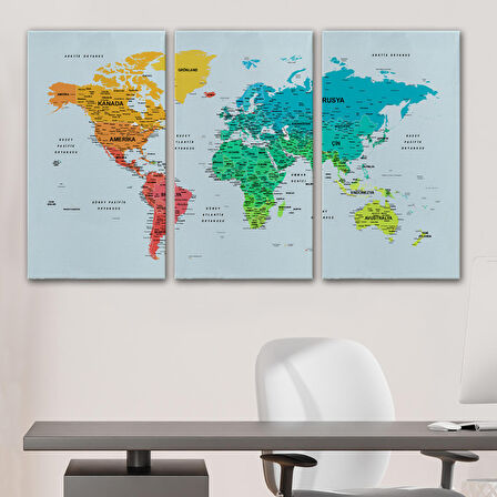 Harita Sepeti Türkçe Detaylı Dünya Haritası Dekoratif Renkli Zeminli Kanvas Tablo 1709