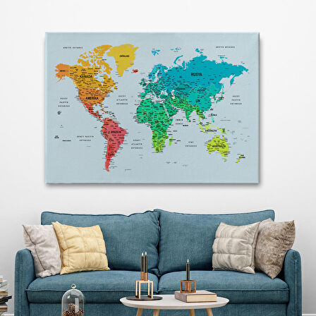 Harita Sepeti Türkçe Detaylı Dünya Haritası Dekoratif Renkli Zeminli Kanvas Tablo 1709