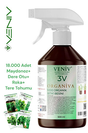 3V Organiva %100 Organik Bitki Besini (500 ml) + 4’lü Yeşillik Tohum Seti– Doğal ve Güçlü Gelişim