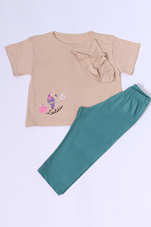 KIZ ÇOCUK ŞORTLU TAKIM OVERSİZE KALIP BASKILI FIRFIRLI B34