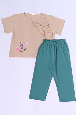 KIZ ÇOCUK ŞORTLU TAKIM OVERSİZE KALIP BASKILI FIRFIRLI B34