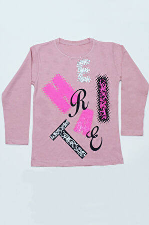 KIZ ÇOCUK UZUN KOLLU TSHİRT PULLU HARF BASKILI BİSİKLET YAKA E9