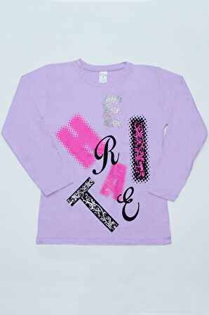 KIZ ÇOCUK UZUN KOLLU TSHİRT PULLU HARF BASKILI BİSİKLET YAKA E9