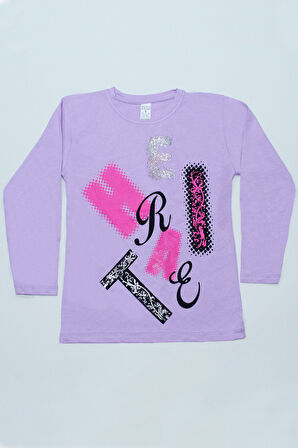 KIZ ÇOCUK UZUN KOLLU TSHİRT PULLU HARF BASKILI BİSİKLET YAKA E9