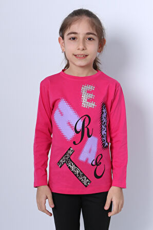 KIZ ÇOCUK UZUN KOLLU TSHİRT PULLU HARF BASKILI BİSİKLET YAKA E9