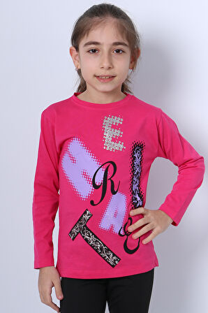 KIZ ÇOCUK UZUN KOLLU TSHİRT PULLU HARF BASKILI BİSİKLET YAKA E9