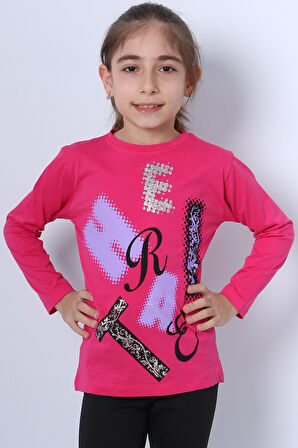 KIZ ÇOCUK UZUN KOLLU TSHİRT PULLU HARF BASKILI BİSİKLET YAKA E9