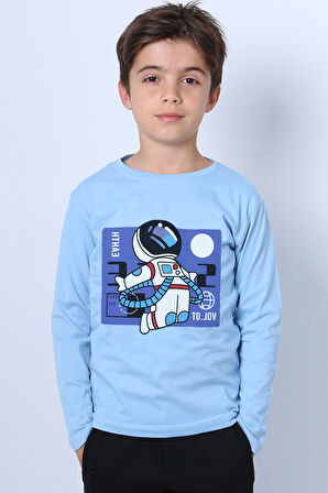 ERKEK ÇOCUK UZUN KOLLU TSHİRT ASTRONOT BASKILI BİSİKLET YAKA B40