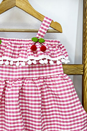 KIZ ÇOCUK ASKILI ELBİSE DANTELLİ EKOSE DESENLİ B14