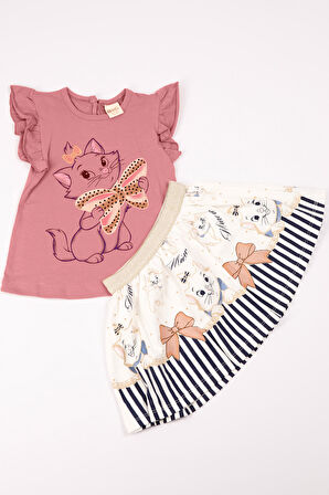 KIZ ÇOCUK TAKIM ETEKLİ KEDİ BASKILI KOL DETAYLI A66