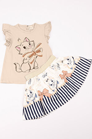 KIZ ÇOCUK TAKIM ETEKLİ KEDİ BASKILI KOL DETAYLI A66