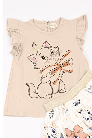 KIZ ÇOCUK TAKIM ETEKLİ KEDİ BASKILI KOL DETAYLI A66