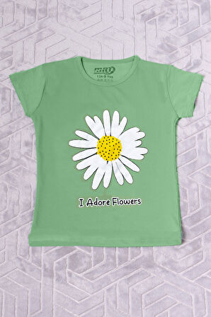 KIZ ÇOCUK TSHİRT PAPATYA BASKILI BİSİKLET YAKA D26