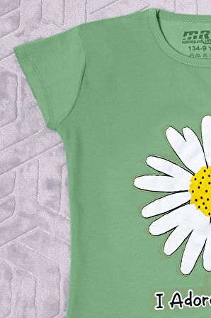 KIZ ÇOCUK TSHİRT PAPATYA BASKILI BİSİKLET YAKA D26