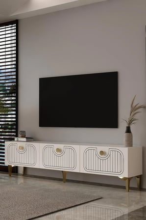 Belmonte  Lazer Desen Tv Sehpası Tv Ünitesi 180 cm Beyaz - Altın