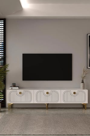Belmonte  Lazer Desen Tv Sehpası Tv Ünitesi 180 cm Beyaz - Altın