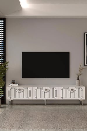 Belmonte  Lazer Desen Tv Sehpası Tv Ünitesi 180 cm Beyaz - Gümüş