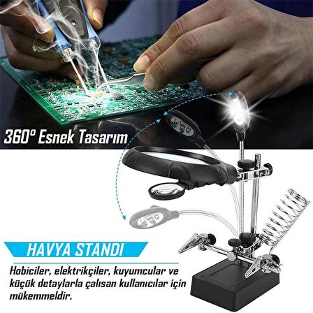 Değiştirilebilir Mercekli LED Işıklı Büyüteçli Lehim Tamir Havya Standı - MG16129-C