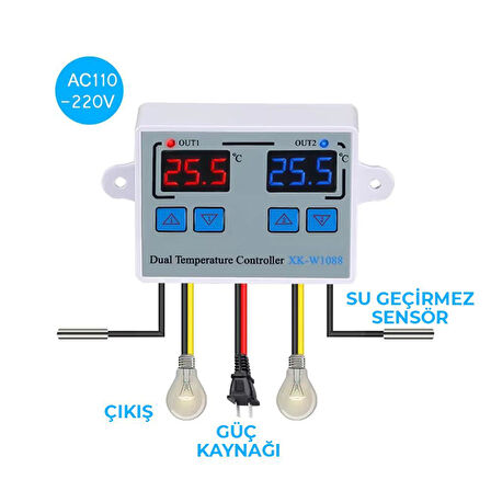 XK-W1088 AC 110-220V Çift Dijital Göstergeli Termostat Sıcaklık Kontrol Cihazı 1500W