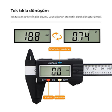 Karbon Fiber Dijital Göstergeli Kumpas 150mm Kalınlık Ölçer