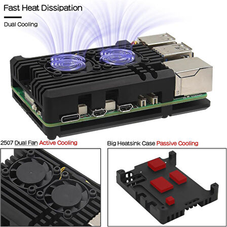 Raspberry Pi 5 Çift Fanlı Alüminyum Kasa Soğutucu Muhafaza Kutusu