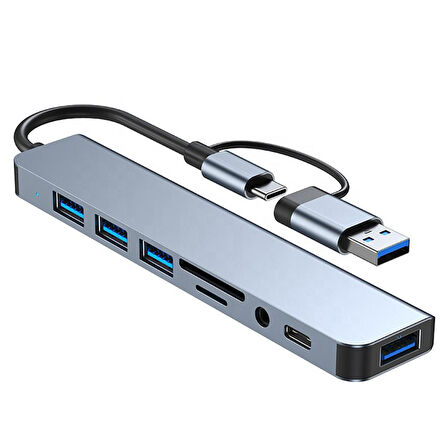 8 in 1 USB Type-C Çok Portlu Hub USB 3.0 2.0 3.5 mm Ses TF SD Kart Çevirici Adaptör